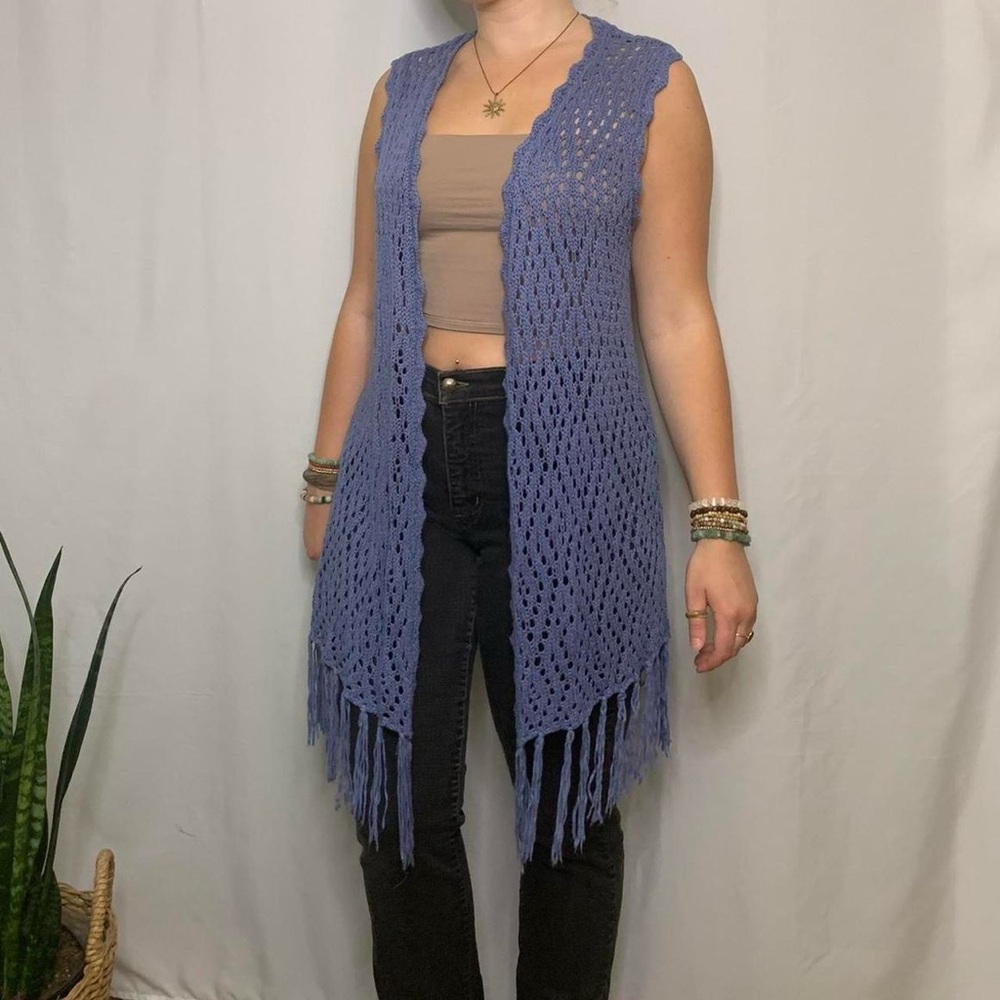 OhMG! Blue Crochet Fringe Vest